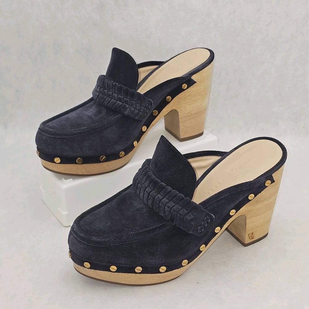 EUC Veronica Beard Dacey Navy Blue Suede Wooden Clog Mules Platform Heels Size 8